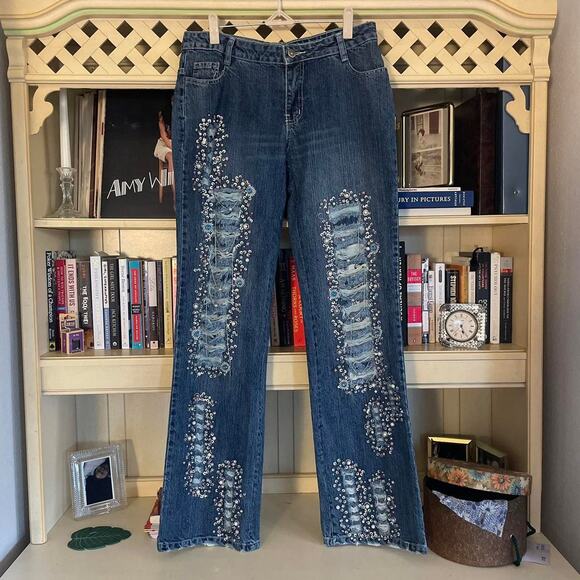 2000s Intricate Beaded Ripped Jeans - Picture 1 of 8